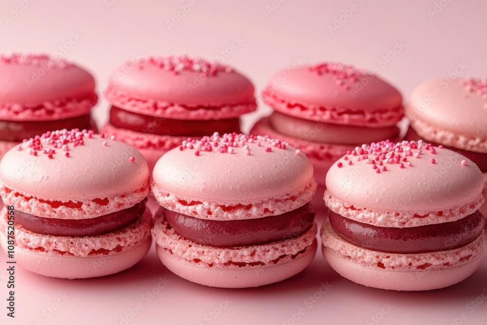 A delightful assortment of pink and red macarons topped with sprinkles on a soft pink background A delightful assortment of pink and red macarons topped with sprinkles on a soft pink background