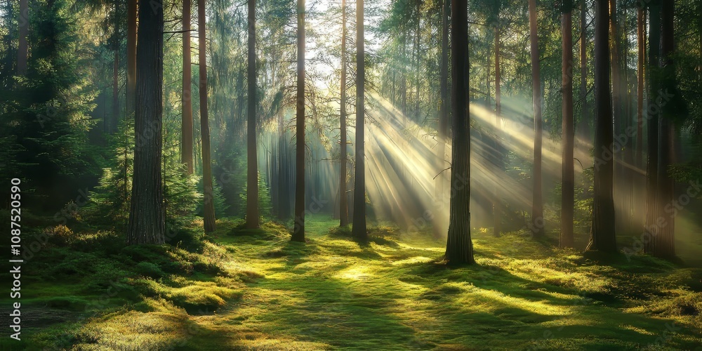 Fototapeta premium Clear morning in the woods featuring a beautiful spruce and pine tree forest. The spruce and pine trees create enchanting trunks and deep shadows illuminated by sun rays.