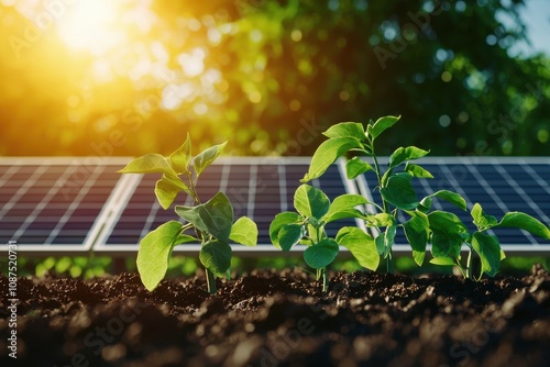 A vibrant scene of young plants growing in soil, illuminated by sunlight, with solar panels in the background, symbolizing renewable energy and sustainable agriculture.