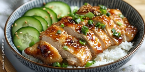 Hainanese chicken rice inspired braised chicken thighs served alongside fresh cucumber slices for a flavorful meal. Enjoy the deliciousness of Hainanese chicken rice in this delightful presentation.