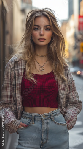 Stylish woman walking through an urban street wearing fashionable clothing, promoting urban lifestyle and fashion trends