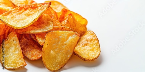 Crispy fried potatoes, also known as chips, beautifully isolated on a clean white background showcase their golden texture and appetizing appeal, making these fried potatoes an enticing snack choice. photo