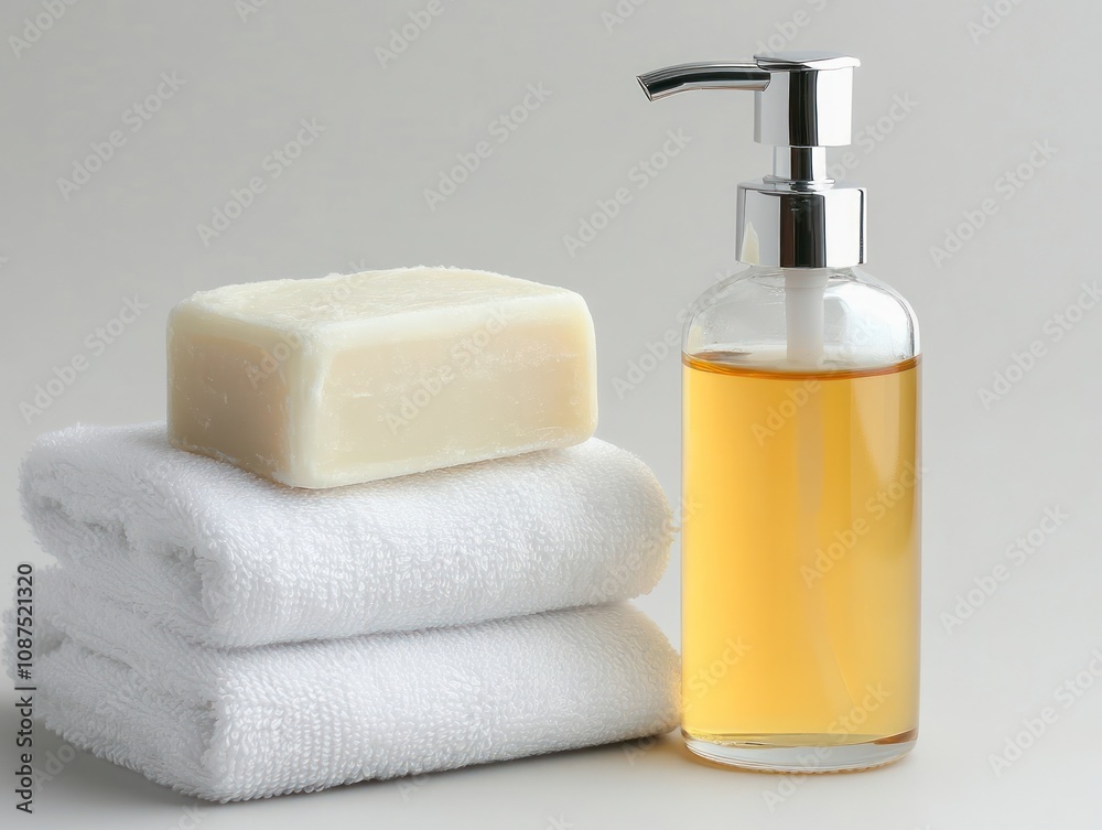 A serene bathroom setup featuring a soap bar, liquid soap dispenser, and fluffy towels. A serene bathroom setup featuring a soap bar, liquid soap dispenser, and fluffy towels.