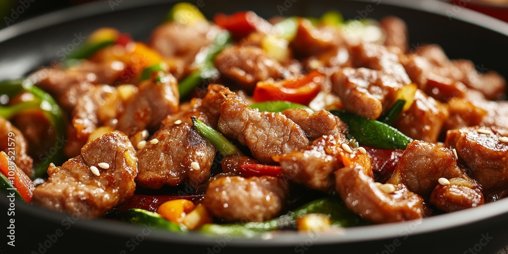 Close up shot of delicious fried pork with vegetables, showcasing a savory Chinese style dish that highlights the vibrant flavors and textures of this delightful culinary experience. Close up shot of delicious fried pork with vegetables, showcasing a savory Chinese style dish that highlights the vibrant flavors and textures of this delightful culinary experience.