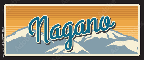 Nagano Japan prefecture tin vector plate. Japanese region metal plate Hida mountains, asian travel destination, memories sign, central Chubu region of Japan, Nagano Prefecture