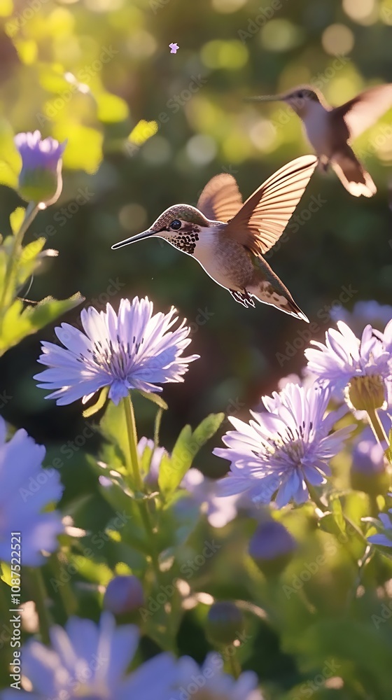 Fototapeta premium A hummingbird hovers over a blurry green summer background with wild purple flowers in the distance