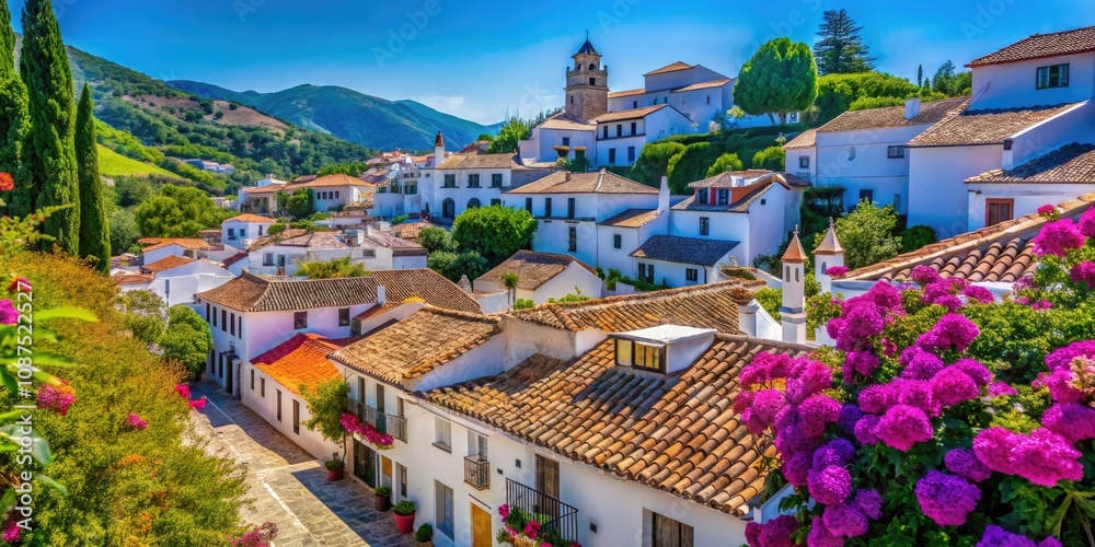 Fototapeta premium Charming Small Town with White Buildings and Blue Roofs in Vibrant Landscape Photography