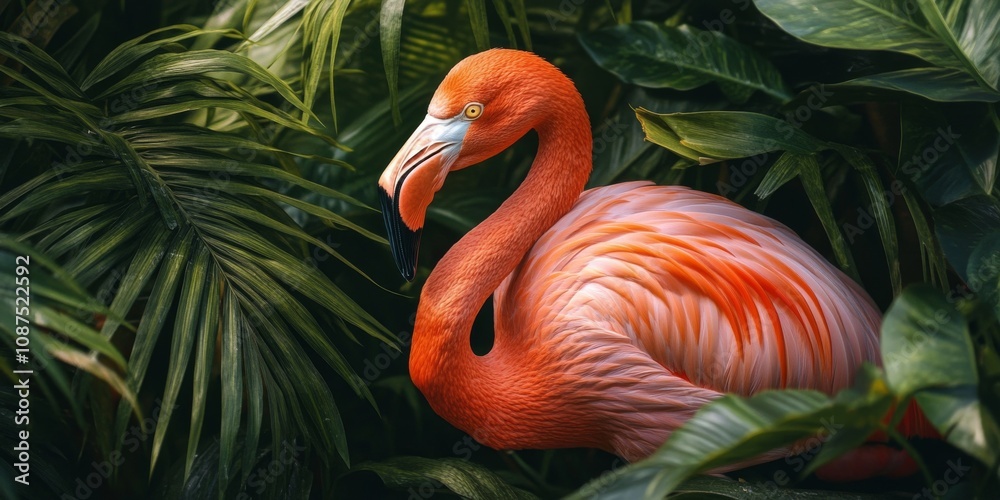 Fototapeta premium Close up of an American flamingo in its natural habitat, showcasing the vibrant plumage and unique features of the American flamingo amidst lush greenery.