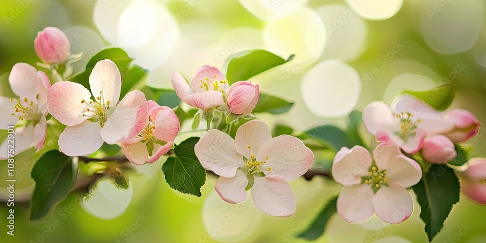 Obraz premium Apple flowers blooming on the tree create a stunning visual display, showcasing the beauty of apple flowers in full bloom amidst vibrant greenery. Enjoy the serenity of apple flowers flourishing.