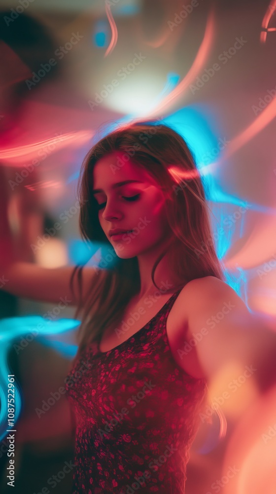A young woman poses in a vibrant, colorful neon light setting, capturing an artistic and modern essence with motion blur. A young woman poses in a vibrant, colorful neon light setting, capturing an artistic and modern essence with motion blur.