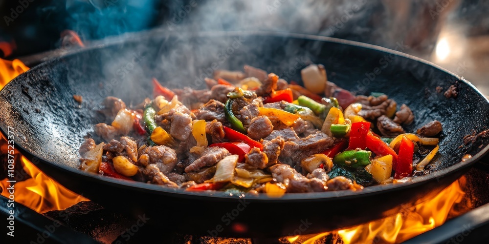 Fresh vegetables and meat sizzle in an Asian wok pan, showcasing the vibrant colors and flavors of Asian cuisine. This dish represents healthy and delicious fast street food. Fresh vegetables and meat sizzle in an Asian wok pan, showcasing the vibrant colors and flavors of Asian cuisine. This dish represents healthy and delicious fast street food.