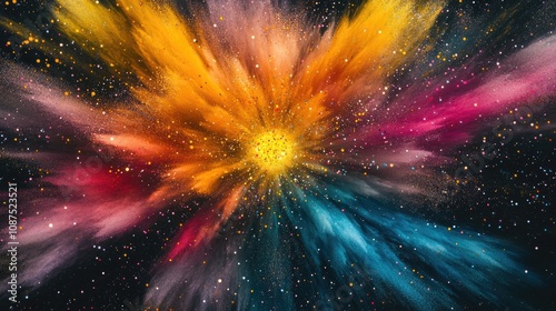 A dynamic blend of colorful particles radiating from a central core, illustrating the expansion of thought in the brainstorming process.