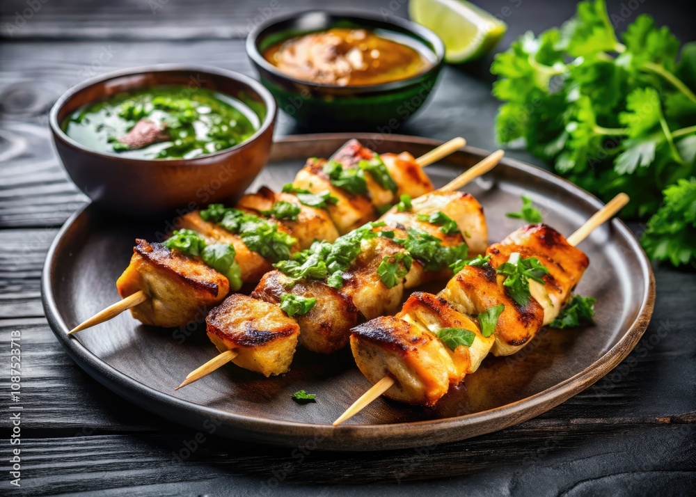 Close-up Grilled Chicken Skewers with Fresh Parsley and Dipping Sauce on Black Plate Close-up Grilled Chicken Skewers with Fresh Parsley and Dipping Sauce on Black Plate