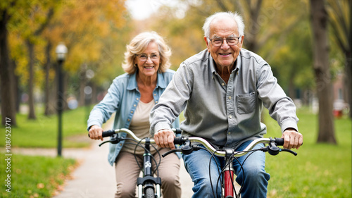An elderly couple smiles joyfully at each other while riding bicycles through a tranquil park filled with lush greenery, basking in the warm autumn sunlight.