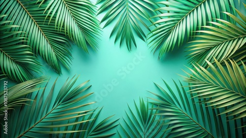 A vibrant, tropical backdrop featuring lush palm leaves arranged in a starburst pattern, creating a captivating visual display of nature's beauty.