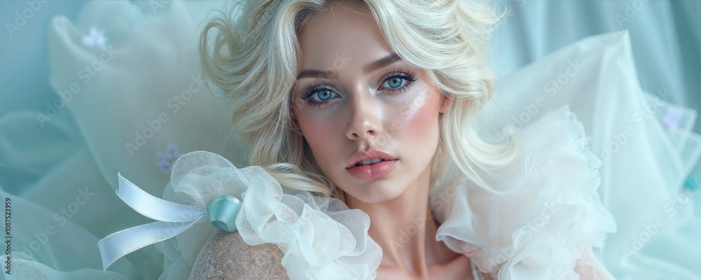 Soft curls frame the young woman's face as she delicately holds her cheeks, emphasizing her captivating blue eyes and elegant style in a tranquil setting. Soft curls frame the young woman's face as she delicately holds her cheeks, emphasizing her captivating blue eyes and elegant style in a tranquil setting.