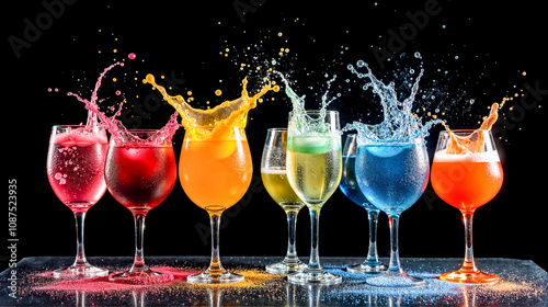 Seven glasses filled with brightly colored beverages create a festive atmosphere, with colorful splashes occurring as the drinks are playfully disturbed. The dark background enhances the vividness.