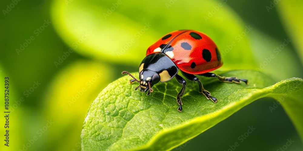 Ladybird resting on a green leaf, showcasing the beauty of nature. This ladybird clings to the plant leaf, highlighting its vibrant color and intricate details. Perfect for nature enthusiasts. Ladybird resting on a green leaf, showcasing the beauty of nature. This ladybird clings to the plant leaf, highlighting its vibrant color and intricate details. Perfect for nature enthusiasts.