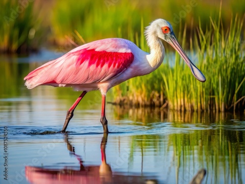 Graceful Roseate Spoonbill Wading Through Clear Salt Marsh Water Surrounded by Lush Green Grass under Bright Blue Skies at Sunset