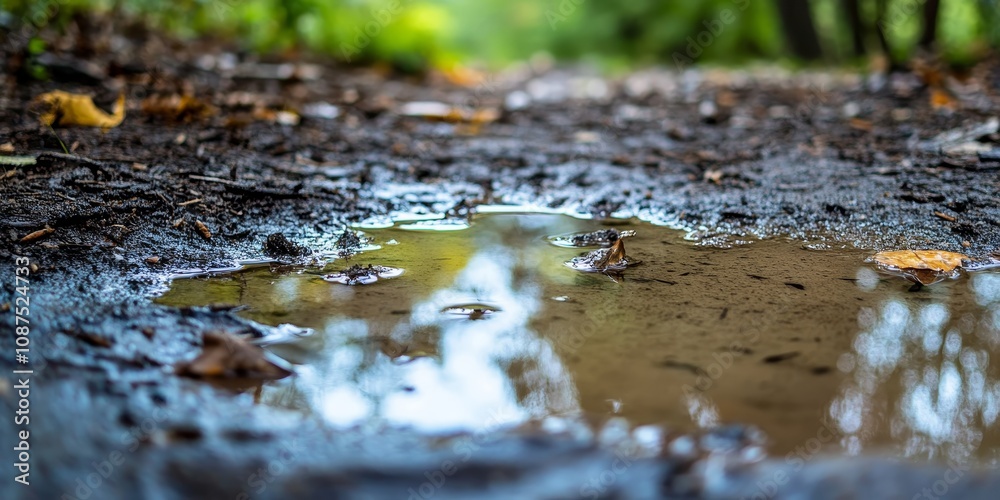 Fototapeta premium Rainwater has collected to form a dirty water puddle on the ground, showcasing the natural phenomenon of a dirty water puddle after rainfall. The dirty water puddle reflects the surroundings.