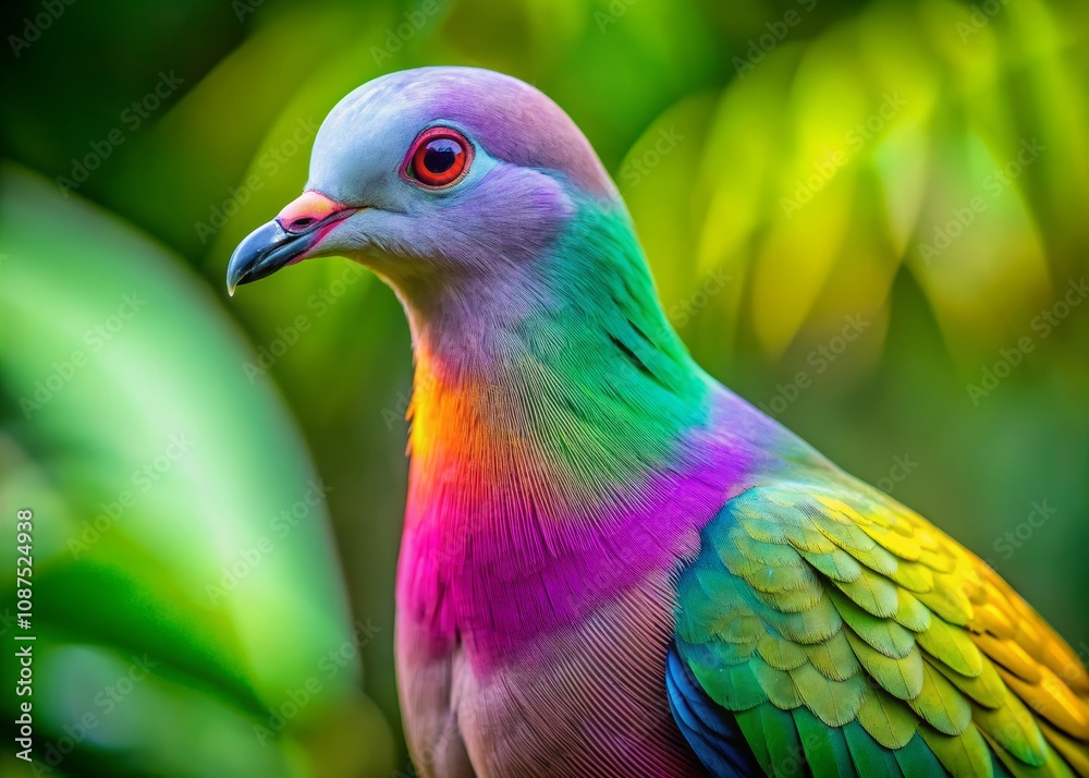 Fototapeta premium Stunning Purple Tailed Imperial Pigeon Showcasing Its Vibrant Feathers Amidst Lush Greenery in a Tropical Paradise Setting