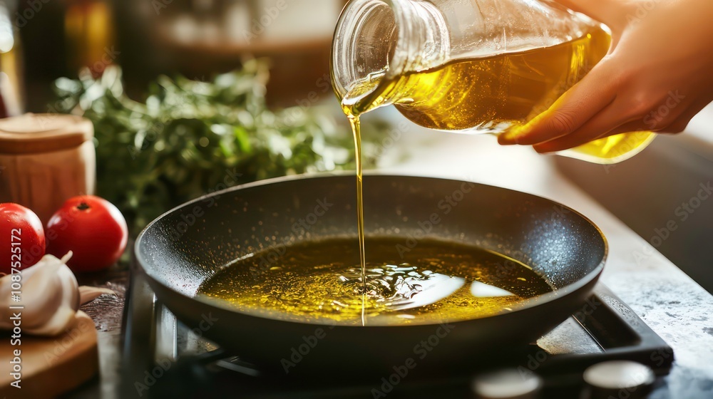 A person pouring olive oil into a frying pan, with the oil shimmering and getting ready for cooking A person pouring olive oil into a frying pan, with the oil shimmering and getting ready for cooking