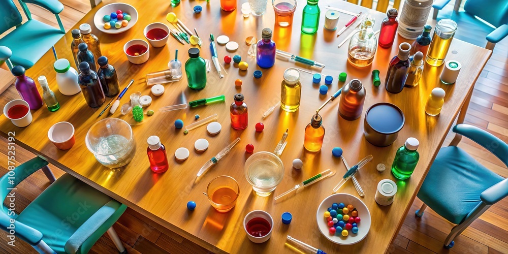 Fototapeta premium A room's table, seen from high, with eye medication in bottles.
