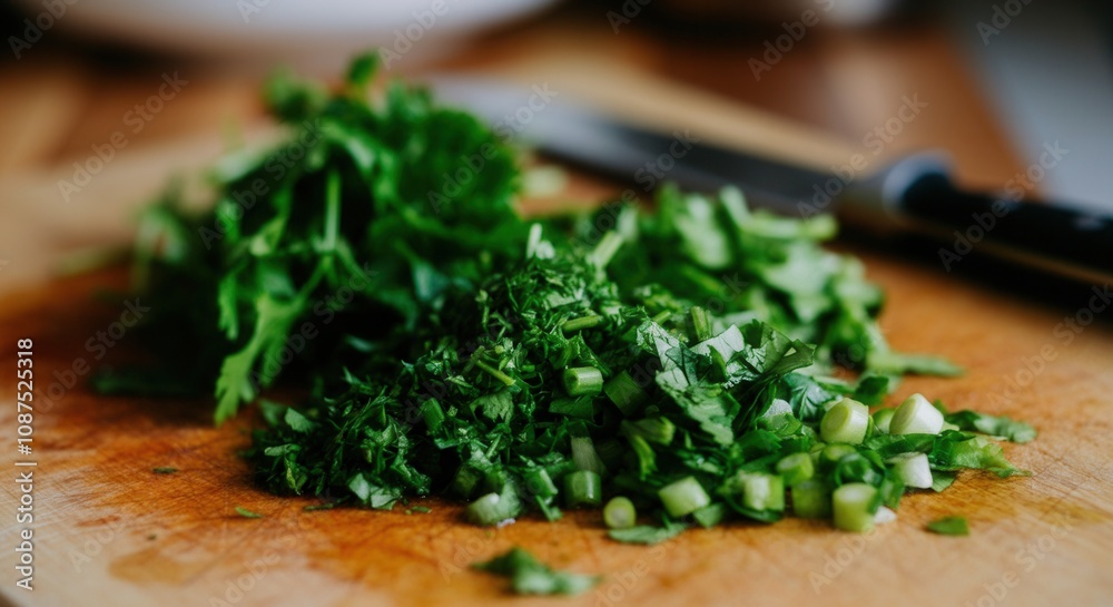 Freshly chopped green herbs on wooden cutting board
