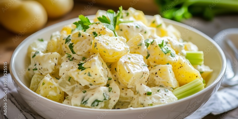 Homemade potato salad features fresh ingredients like celery sticks and herbs mixed together in a white bowl, creating a delicious and refreshing homemade potato salad perfect for any occasion. Homemade potato salad features fresh ingredients like celery sticks and herbs mixed together in a white bowl, creating a delicious and refreshing homemade potato salad perfect for any occasion.