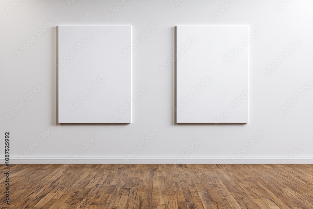 Two blank canvases hang on a minimalist gallery wall, awaiting creativity and artistic expression in a serene setting. Two blank canvases hang on a minimalist gallery wall, awaiting creativity and artistic expression in a serene setting.