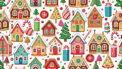 A sweet holiday backdrop, gingerbread houses shimmer with intricate details, repeating endlessly in a festive pattern.