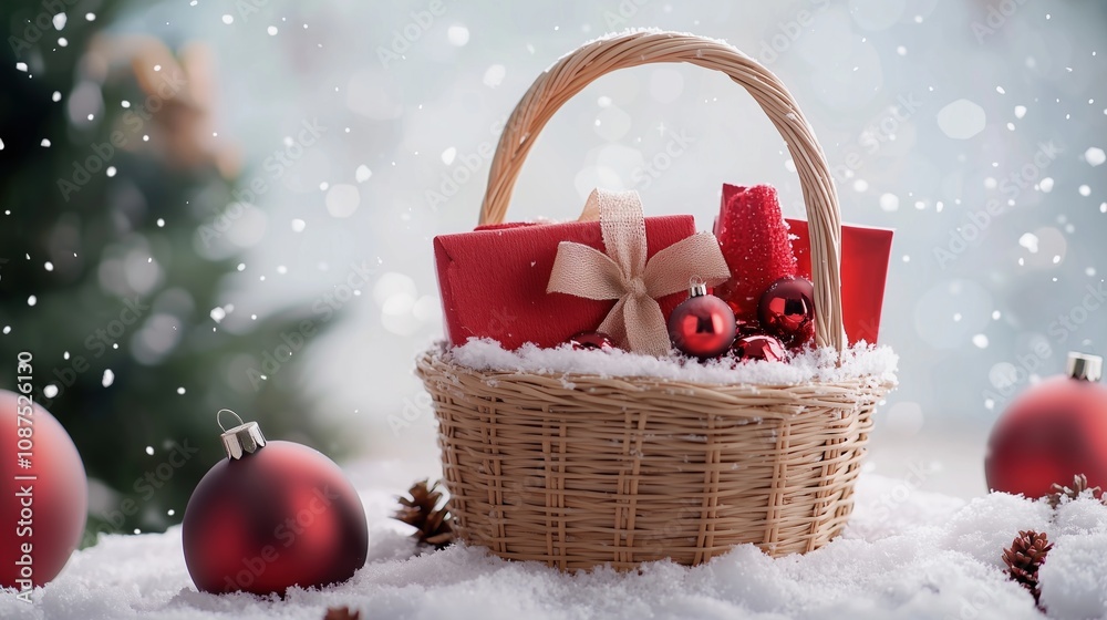 Festive Wicker Basket with Christmas Gifts in Snowy Winter Wonderland Setting Festive Wicker Basket with Christmas Gifts in Snowy Winter Wonderland Setting