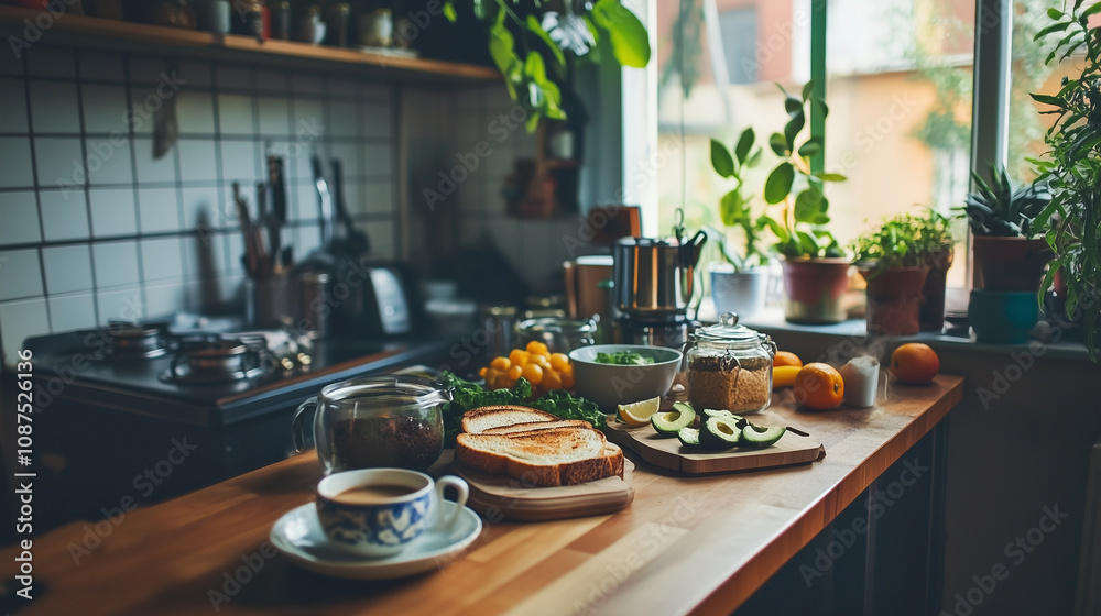 Small kitchen scene with breakfast items like toast, avocado, coffee, and fruit, tiny room, photo style Small kitchen scene with breakfast items like toast, avocado, coffee, and fruit, tiny room, photo style