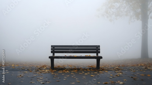 A Hauntingly Beautiful Scene of Loneliness with an Empty Park Bench Amidst Autumn Leaves and Fog