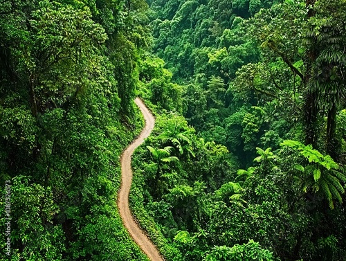 Serene Curving Trail Through Lush Green Forest Surrounded by Lively Foliage and Vibrant Flora Under Bright Heavenly Skies