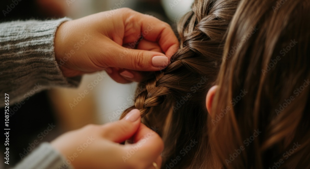 Close-up shot of person braiding hair with expertise Close-up shot of person braiding hair with expertise