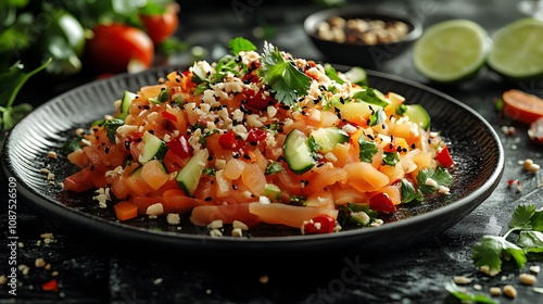 An Exquisite and Colorful Representation of Traditional Thai Papaya Salad Served on a Khmer-style Tray