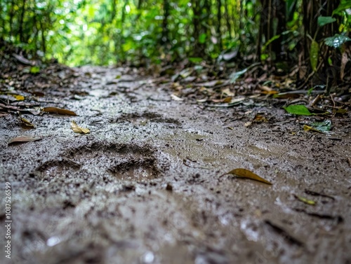 Fresh Tracks Along a Muddy Trail Through Lush Green Rainforest Revealing Signs of Wildlife in a Tropical Jungle Environment