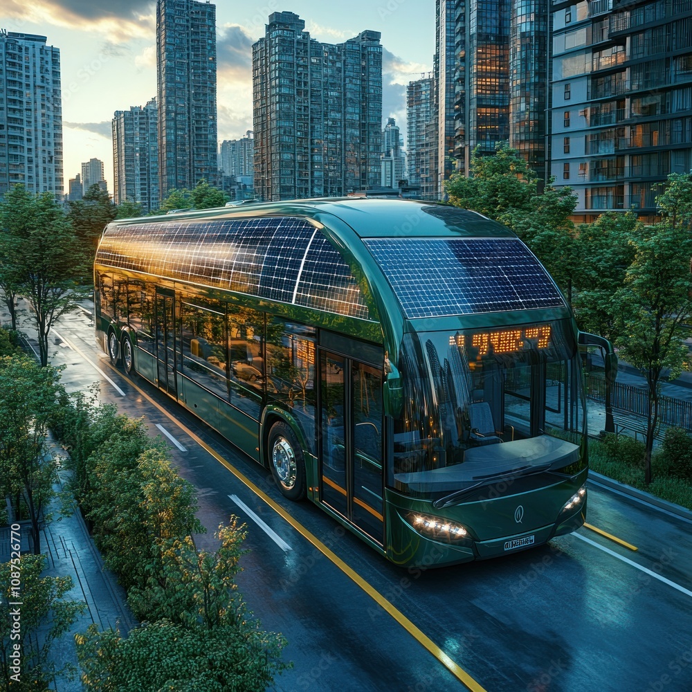 Fototapeta premium A futuristic electric bus with solar panels driving through a modern cityscape.