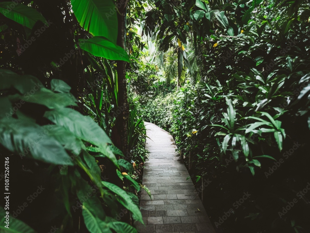 Serene Jungle Pathway Surrounded by Lush Green Foliage in a Tranquil Tropical Environment Ideal for Nature Lovers and Outdoor Enthusiasts Serene Jungle Pathway Surrounded by Lush Green Foliage in a Tranquil Tropical Environment Ideal for Nature Lovers and Outdoor Enthusiasts