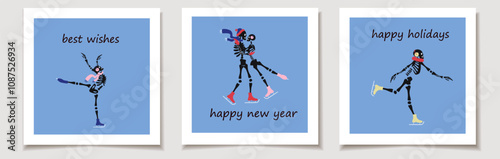 Set of Holiday cards with cute skeleton characters is skating on ice, their bony figures gliding smoothly as they strike playful poses. Greeting cards.