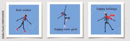 Set of Holiday cards with cute skeleton characters is skating on ice, their bony figures gliding smoothly as they strike playful poses. Greeting cards.