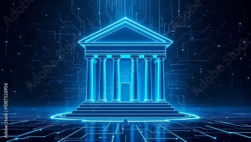 Blue neon glowing outline of a bank building on a dark abstract background, concept of finance and technology. 3D Rendering