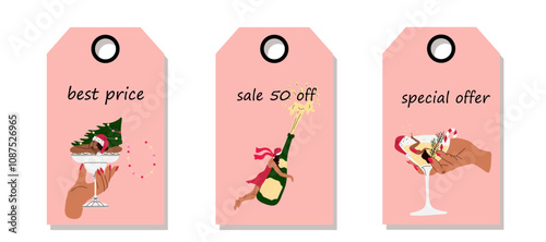  Set of discount price tags. Labels with women is sitting in a martini glass. Template for shopping tags. Christmas sale.