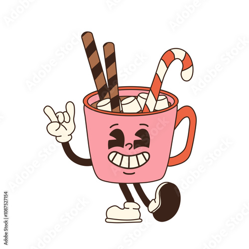 A retro cartoon cup of hot chocolate with marshmallows and a candy cane, designed as a Christmas mascot character