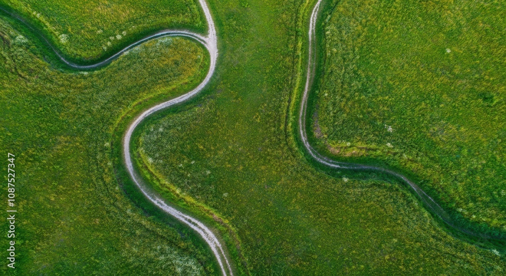 Winding trails vibrant green fields Winding trails vibrant green fields