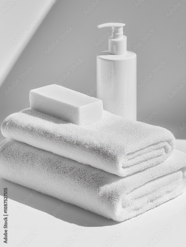 A minimalist arrangement of white towels, soap, and lotion for a spa-like ambiance. A minimalist arrangement of white towels, soap, and lotion for a spa-like ambiance.