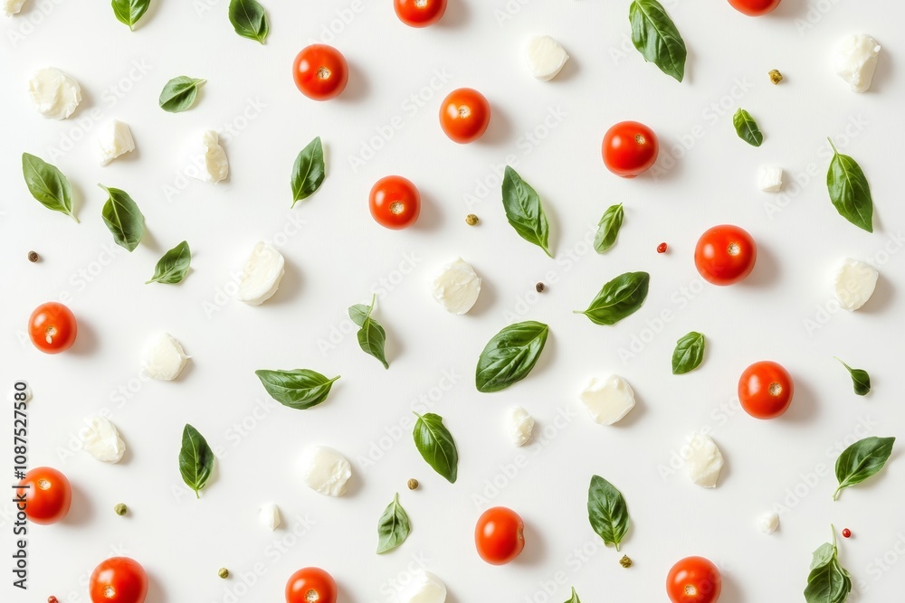 A vibrant arrangement of fresh tomatoes, basil leaves, and mozzarella balancing simplicity with a touch of culinary artistry A vibrant arrangement of fresh tomatoes, basil leaves, and mozzarella balancing simplicity with a touch of culinary artistry