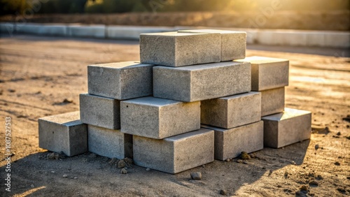 A stack of concrete blocks sits on a dirt pathway, bathed in the golden glow of a setting sun, awaiting their purpose in a future construction project.