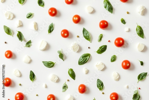 A vibrant arrangement of fresh tomatoes, basil leaves, and mozzarella balancing simplicity with a touch of culinary artistry